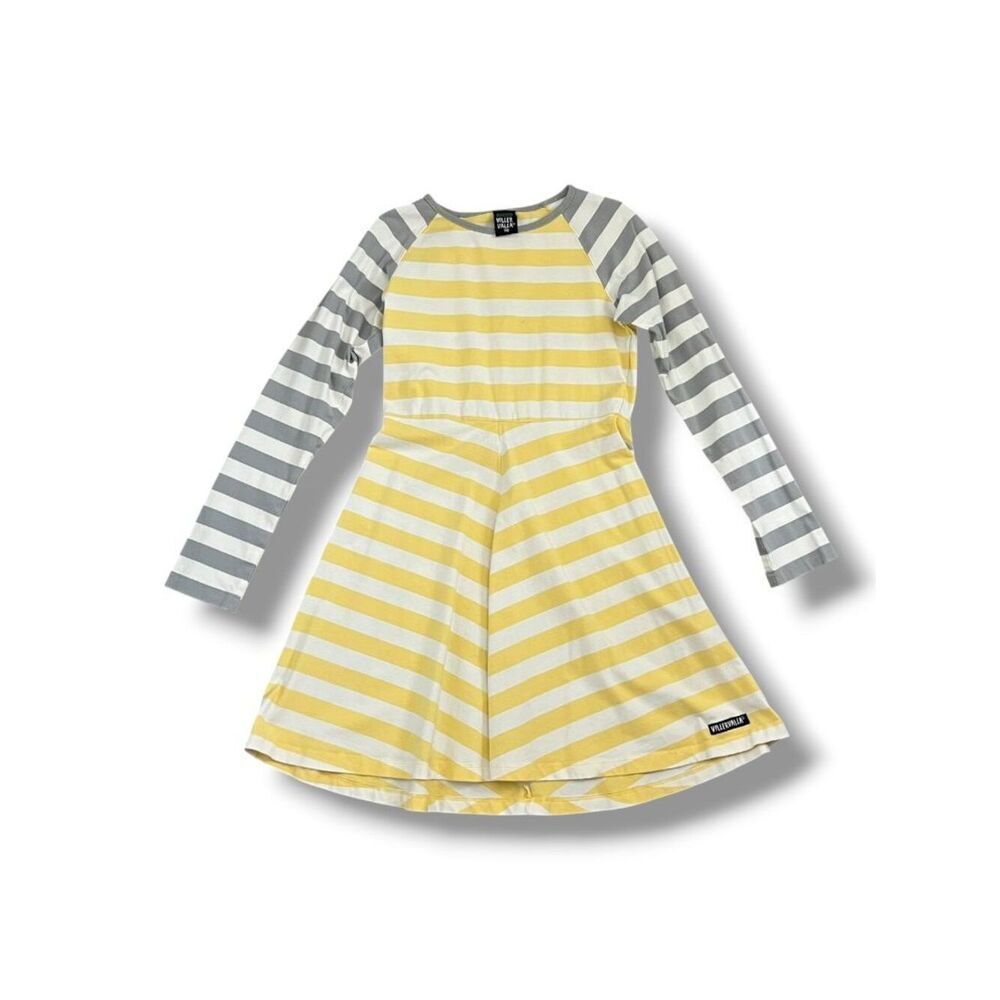 Villervalla Yellow Grey Striped Long Sleeve Organic Cotton Twirl Dress 10Y 140cm